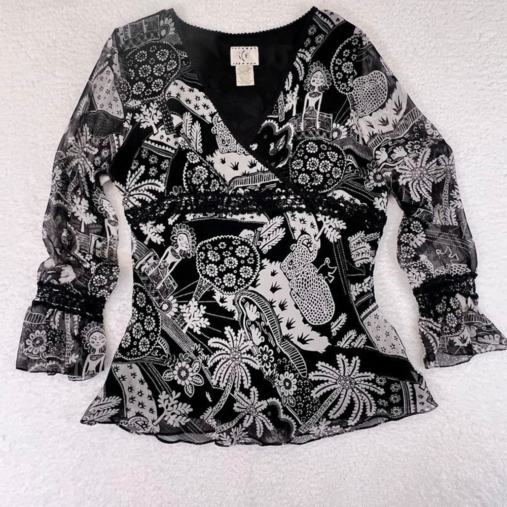 Y2K Silk Sheer Blouse Black White Graphic Boho Fairycore Top XL Flowy